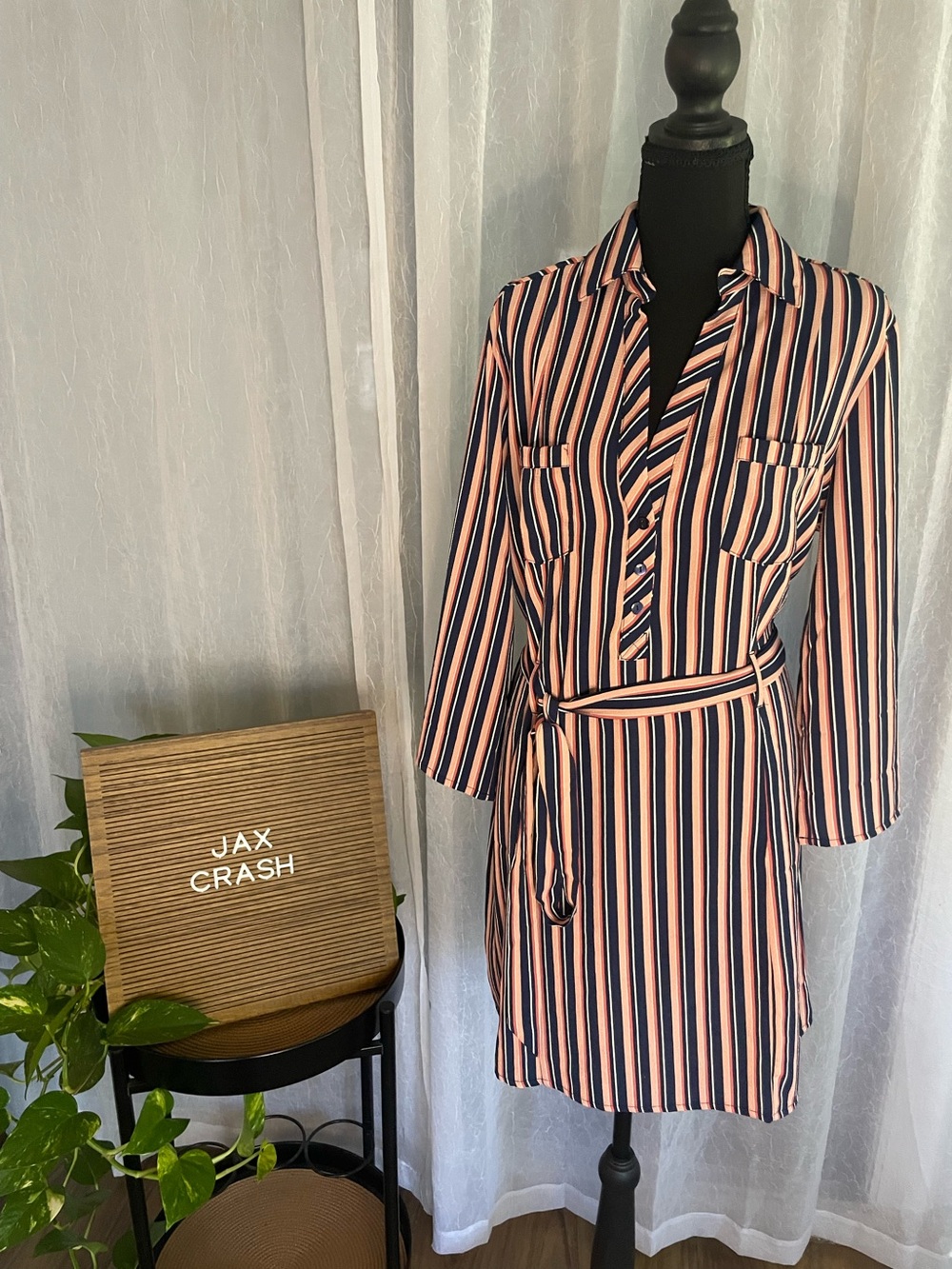 Pink and Navy Striped Wrap Dress